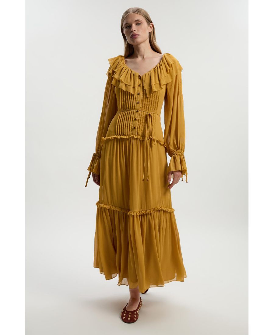 

Платье-макси из жоржетта с оборками Karen Millen, Ochre