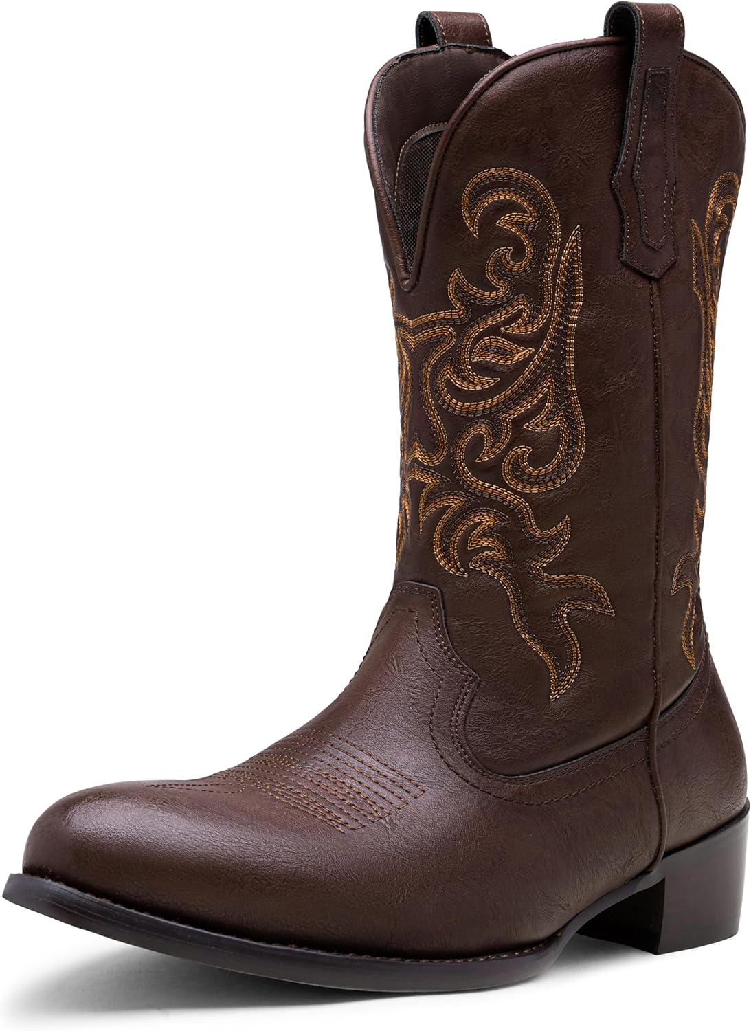 

Ковбойские сапоги Jousen для мужчин с округлым носком, западного стиля, с противоскользящей подошвой, на молнии, ретро короткие ботинки, темно-коричневый