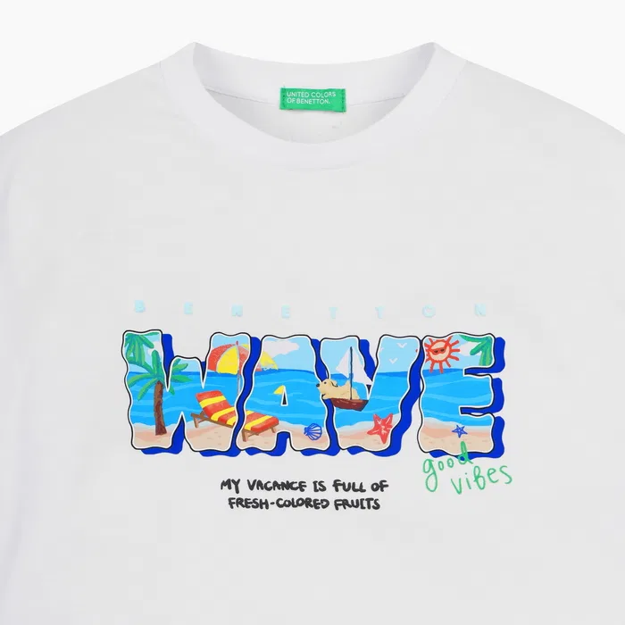 Детская футболка Tropical Wave цвета айвори от Benetton Kids — фото 4