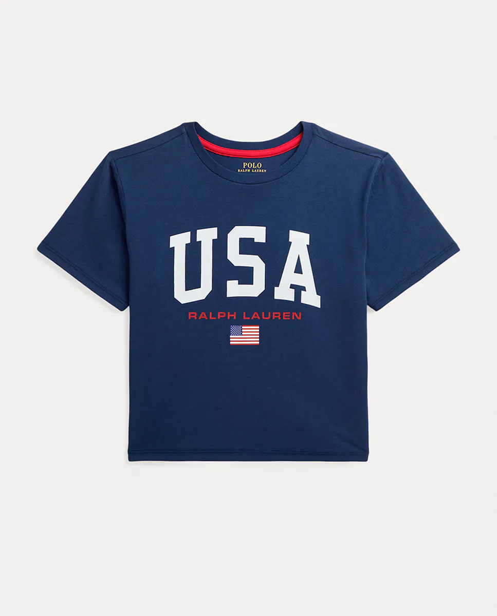 

Укороченная хлопковая футболка для девочки темно-синего цвета Polo Ralph Lauren, темно-синий