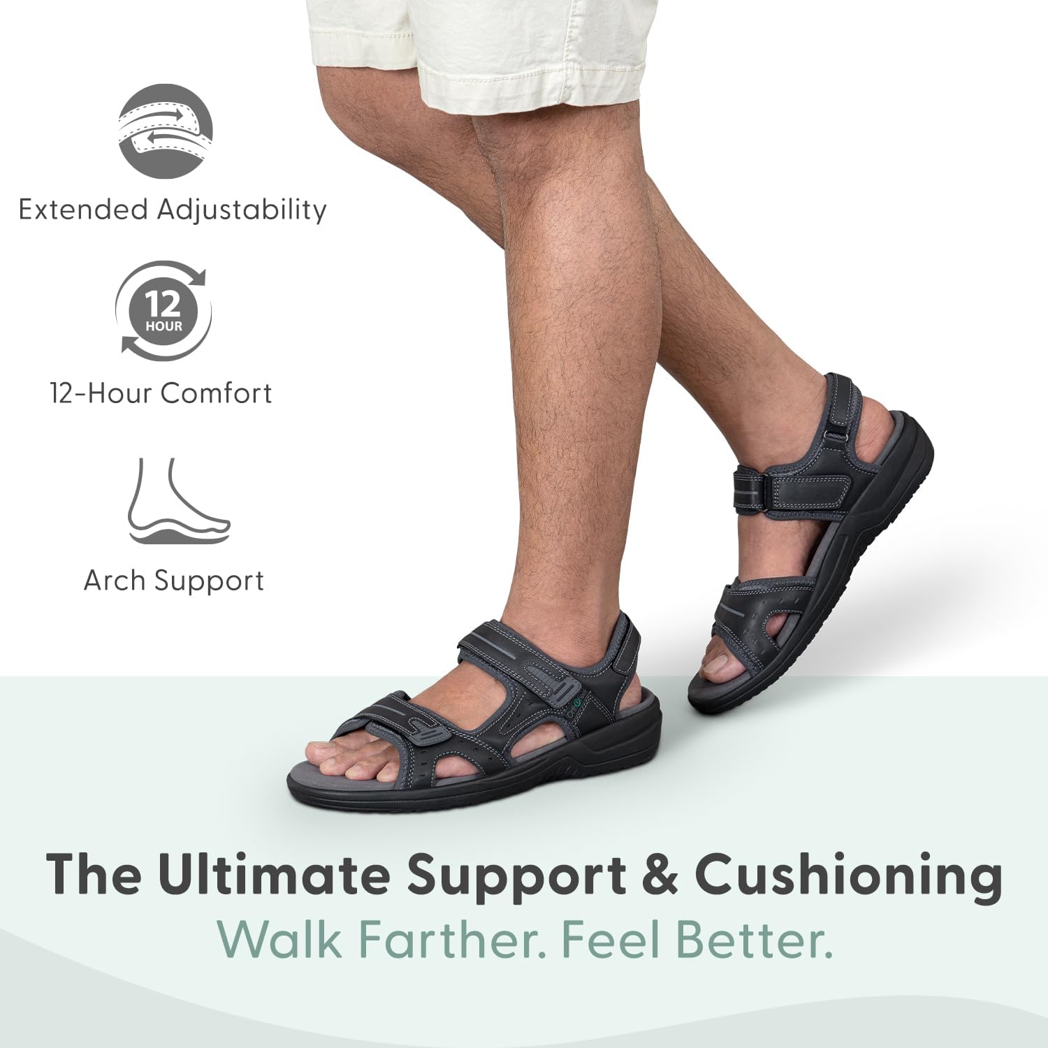 Мужские ортопедические кожаные сандалии Orthofeet Gemini с регулируемой посадкой, черный — фото 2