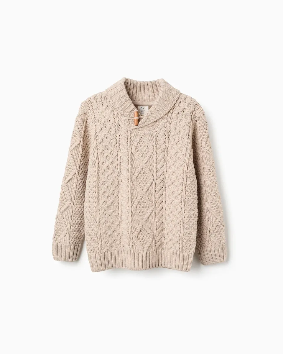 

Детский свитер с плетеным узором и воротником смокинга Zippy, бежевый