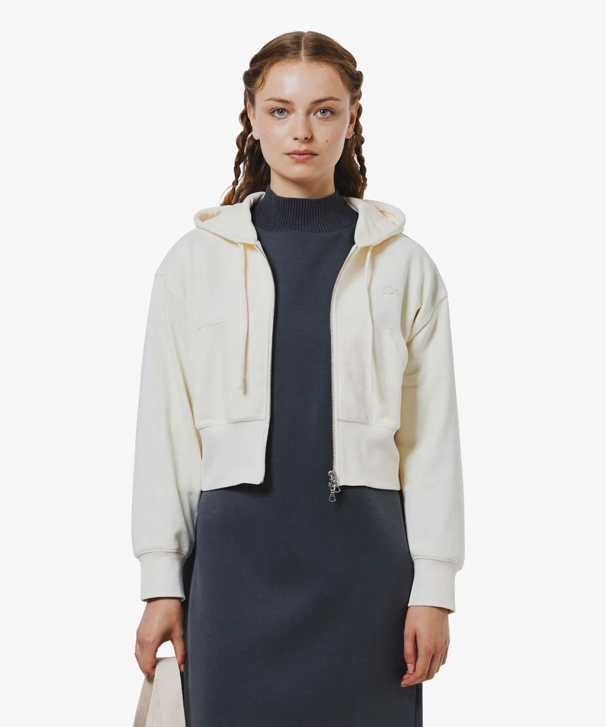 Толстовка Lacoste Укороченная на молнии, Оверсайз, Офф-вайт