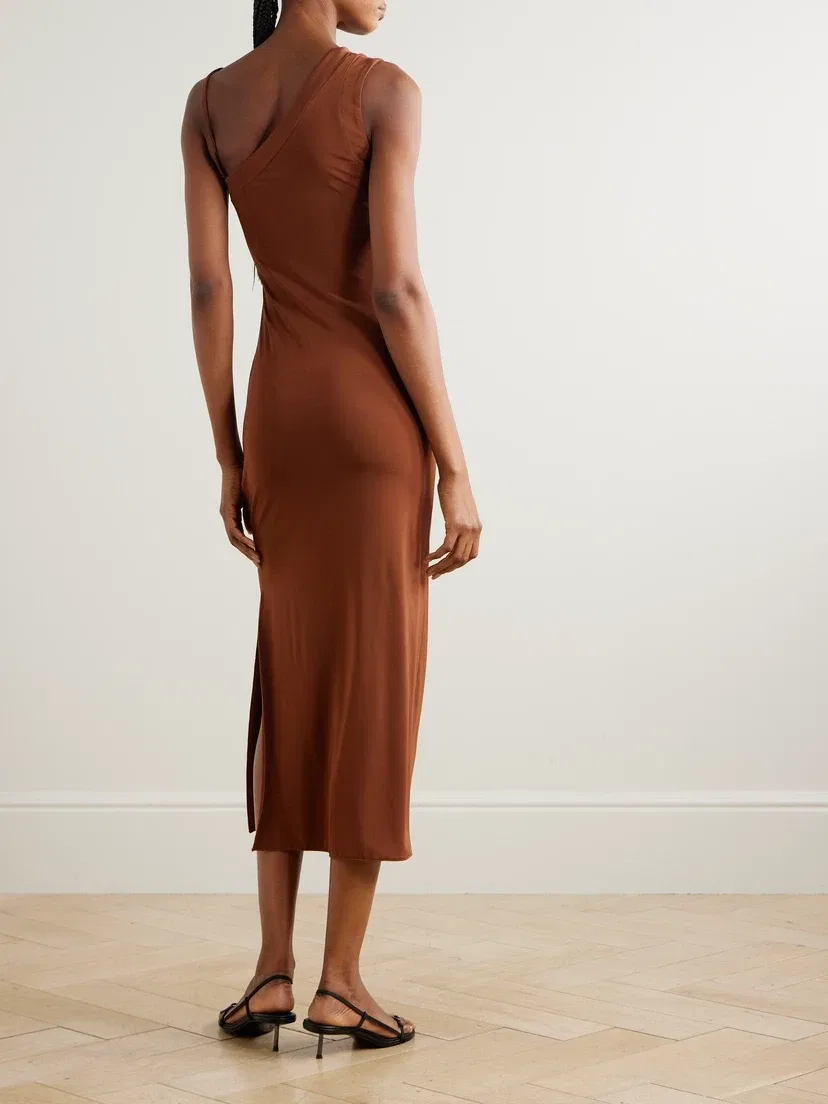 Макси-платье из эластичного джерси с одним плечом и сборками MAX MARA, коричневый — фото 3