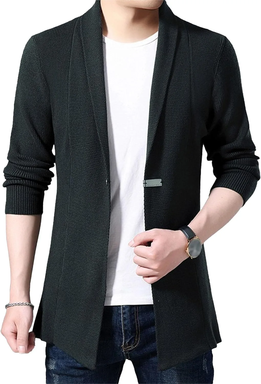 

Мужской свитер с шалью воротником и открытой полой