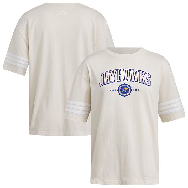 

Женская футболка Kansas Jayhawks oversize с тремя полосками в кремовом цвете Adidas