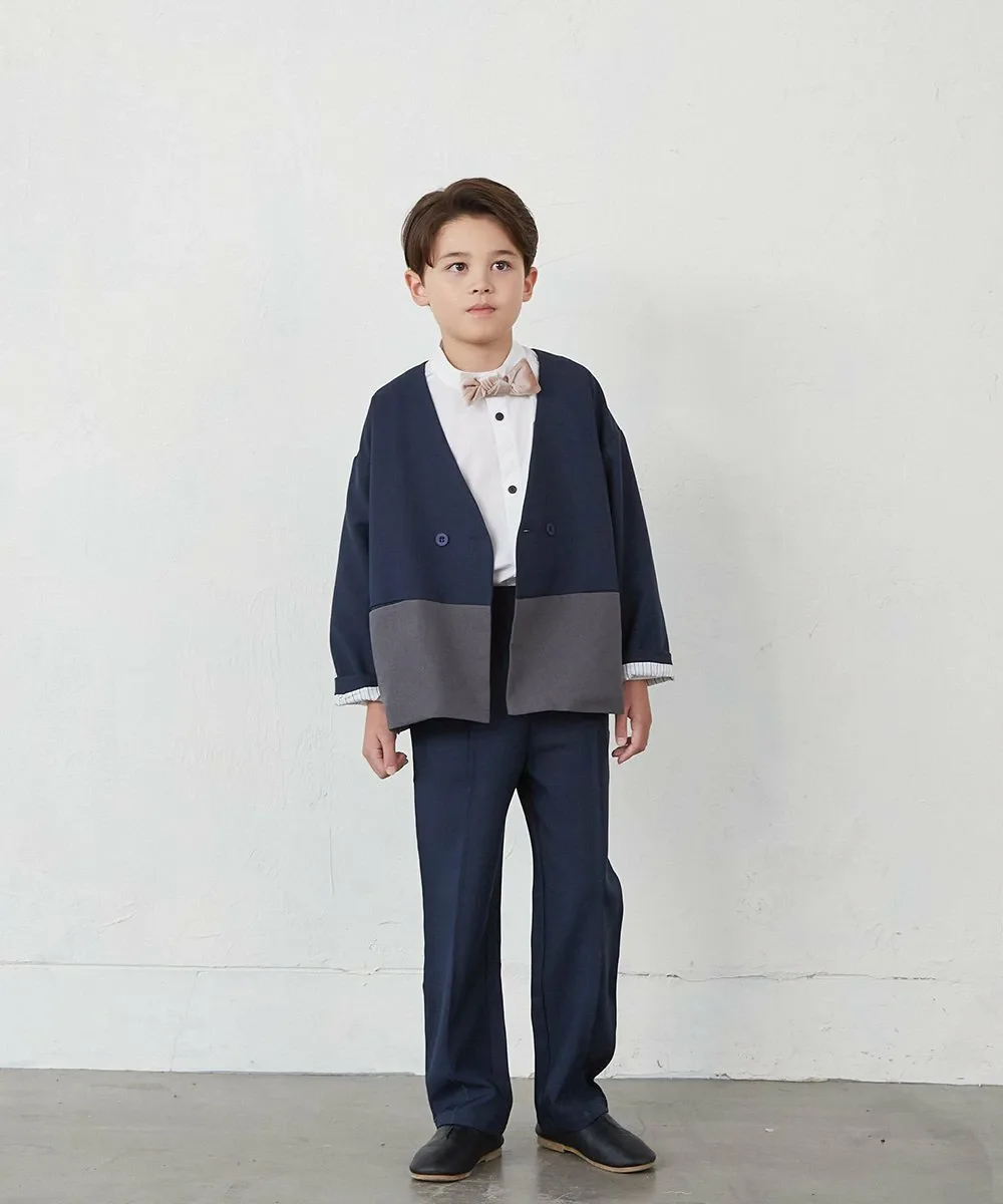 Двухцветный комплект из пиджака без воротника (подкладка в полоску) Riziere, NAVY GRAY — фото 4