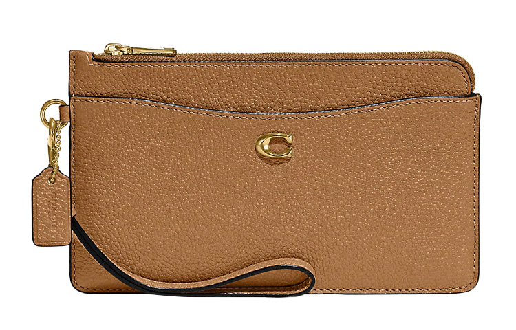 

COACH Кошелек-держатель для карт из глянцевой шагреневой кожи, маленький размер, женский, верблюжье-коричневый