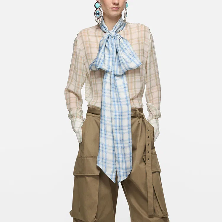 Блуза из сатина с шарфиком Acne Studios зелено-оранжевая — фото 3