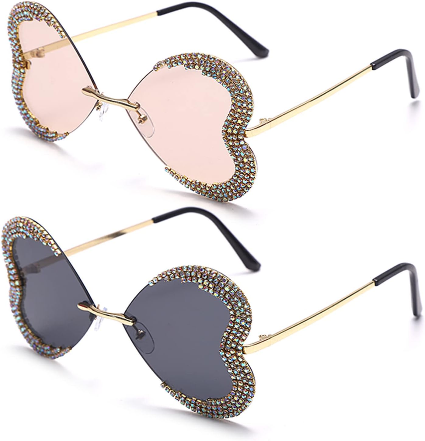 

willochra Милая девочка. Сверкающие конфетные цвета. Оправа в форме сердца. Солнцезащитные очки с кристаллами. Защита от УФ-излучения. Солнцезащитные очки для вечеринки со стразами, 2pcs-black&champagne