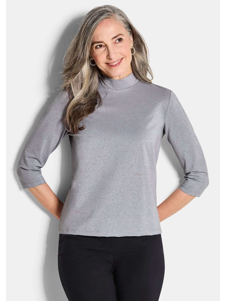 

GOLDNER Укороченный размер: Блузка/рубашка из блестящей вискозы с рукавами до локтя, серого цвета