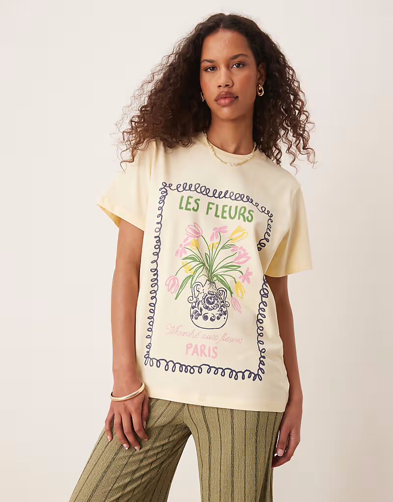 

Футболка ASOS DESIGN прямого кроя лимонно-желтого цвета с принтом «цветы»
