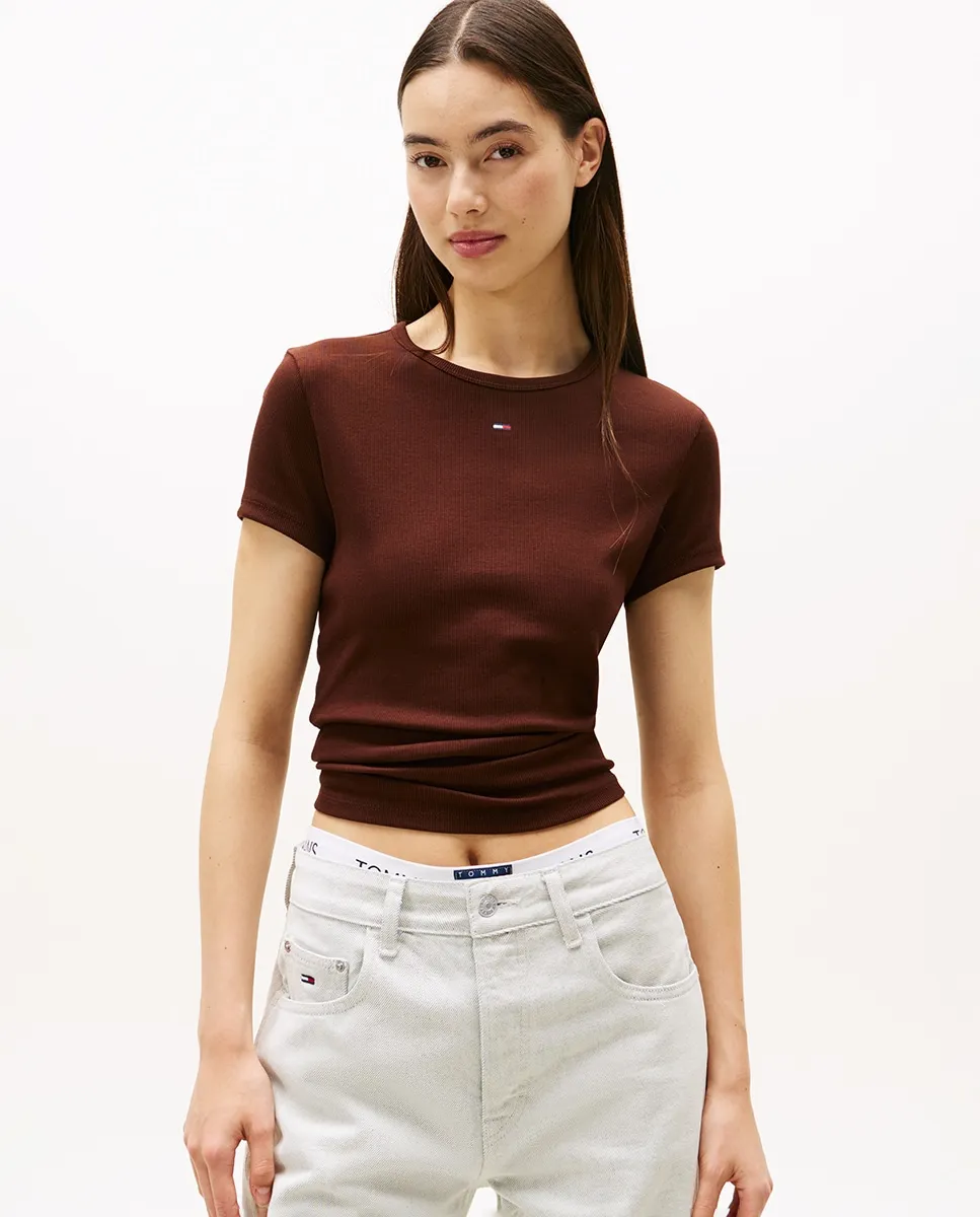 

Женская футболка с узким рифлением Tommy Jeans, темно-коричневый