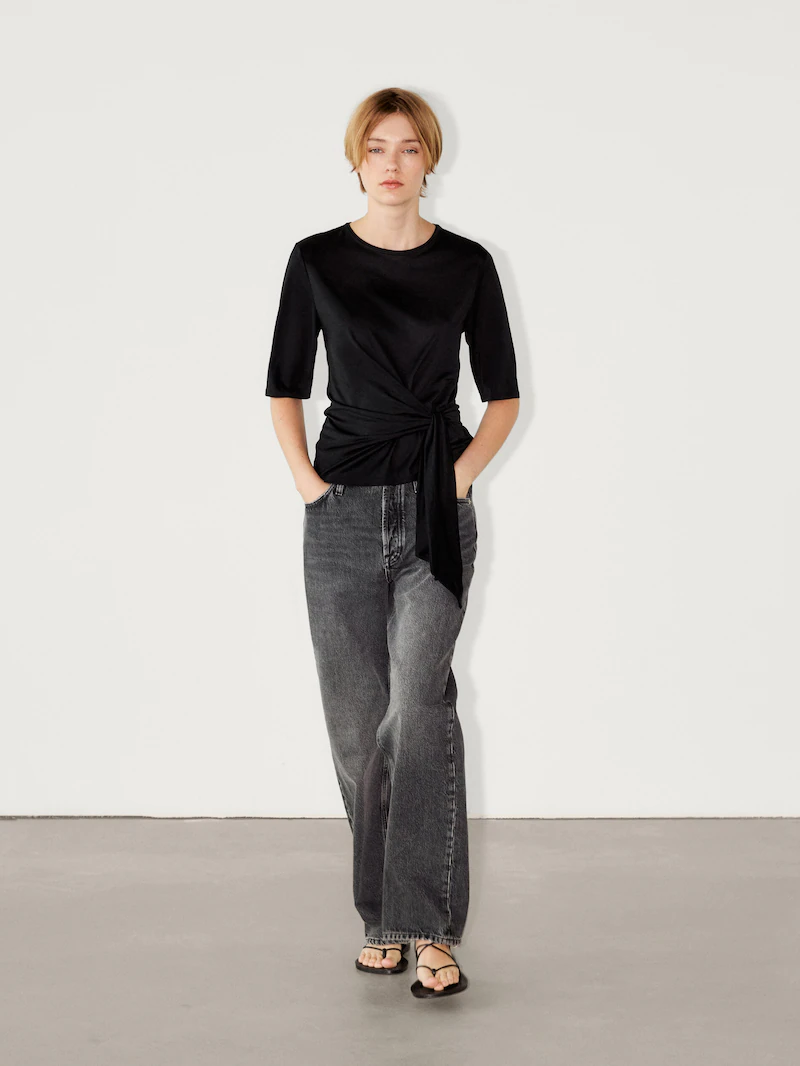 

Футболка с короткими рукавами и завязками Massimo Dutti, черный