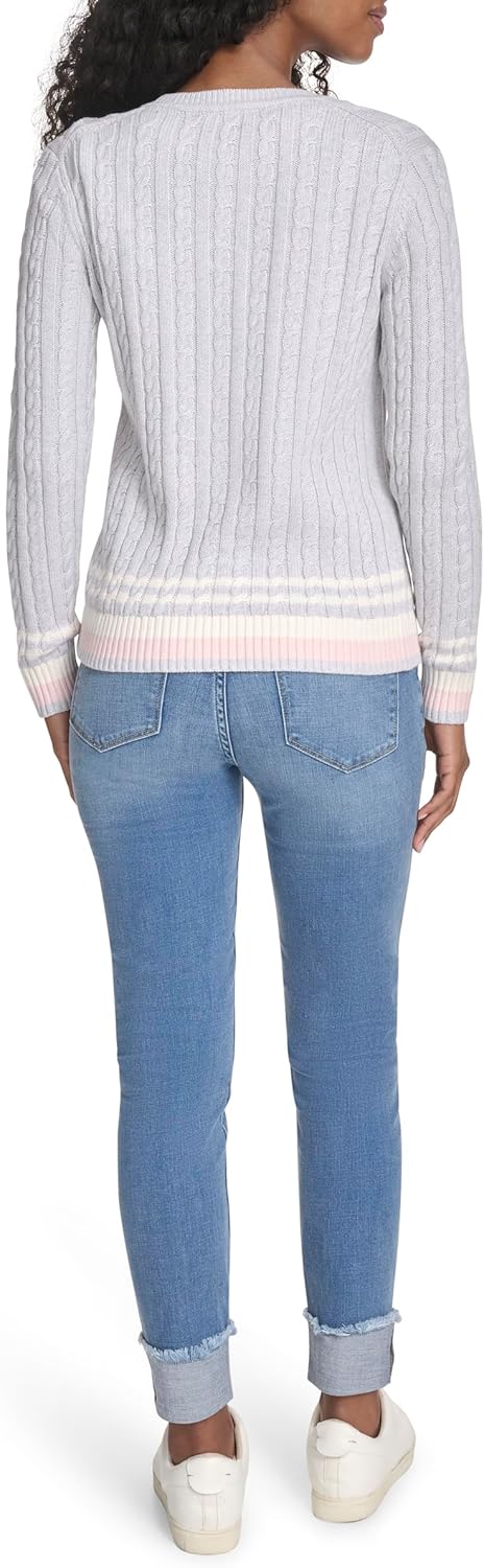 Женский хлопковый свитер Tommy Hilfiger с круглым вырезом и косами, Pearl Heather Grey Multi — фото 4