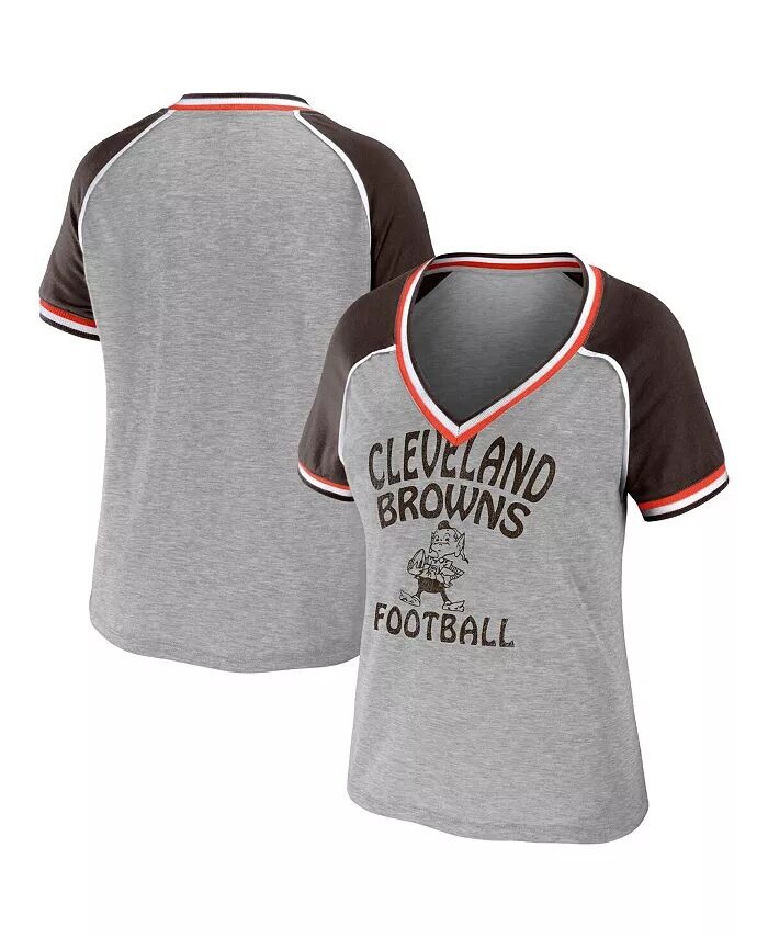 

Женская футболка Cleveland Browns цвета меланж с потертостями и V-образным вырезом, укороченная, с регланами WEAR by Erin Andrews