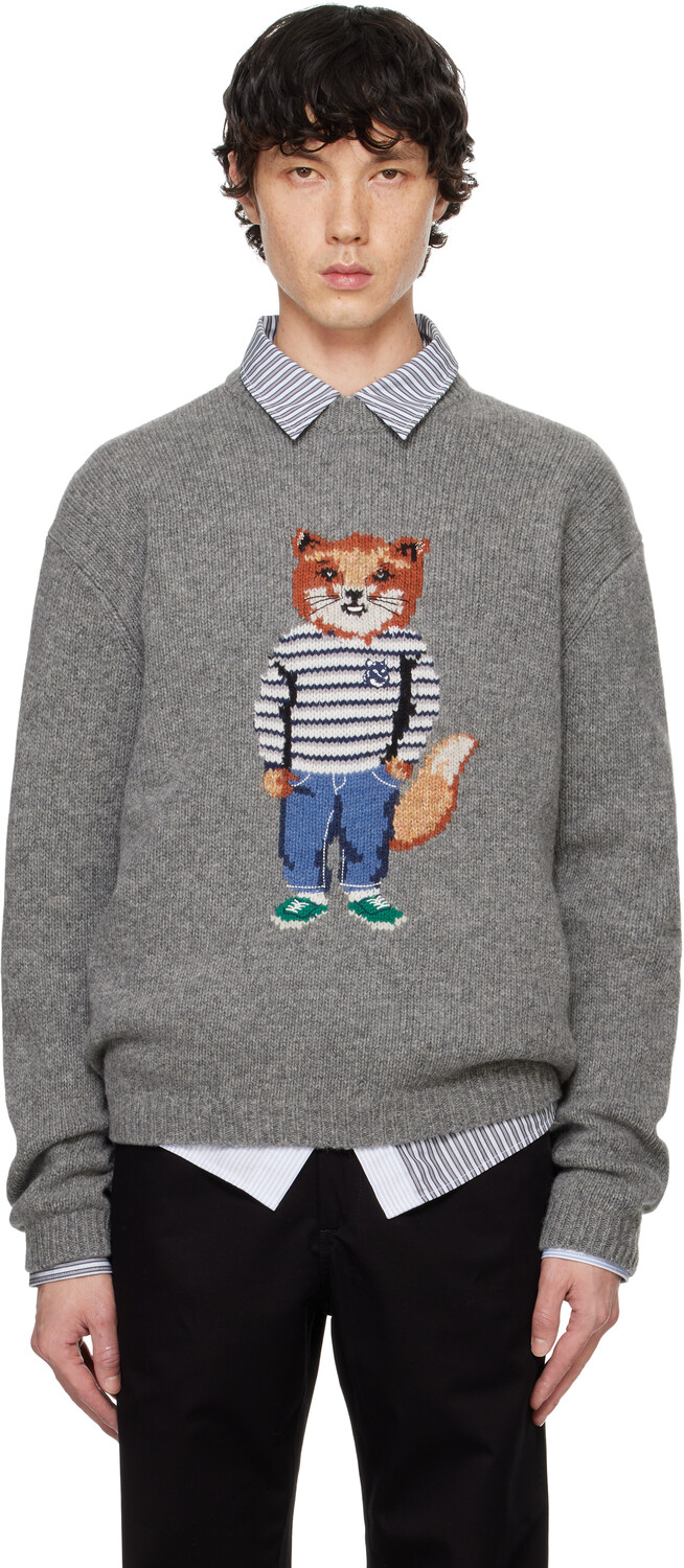

Серый свитер с рисунком лисы в технике интарсия Maison Kitsune