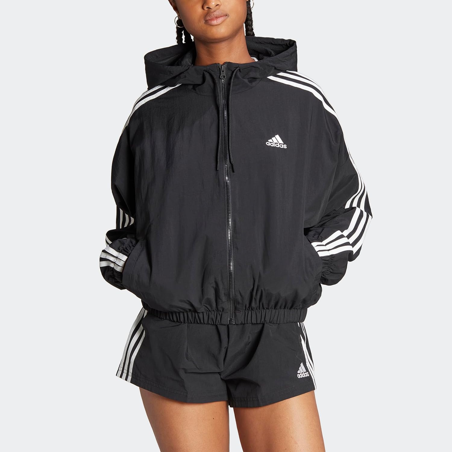 Женская классическая ветровка Adidas Essentials с тремя полосками, черный/белый — фото 4