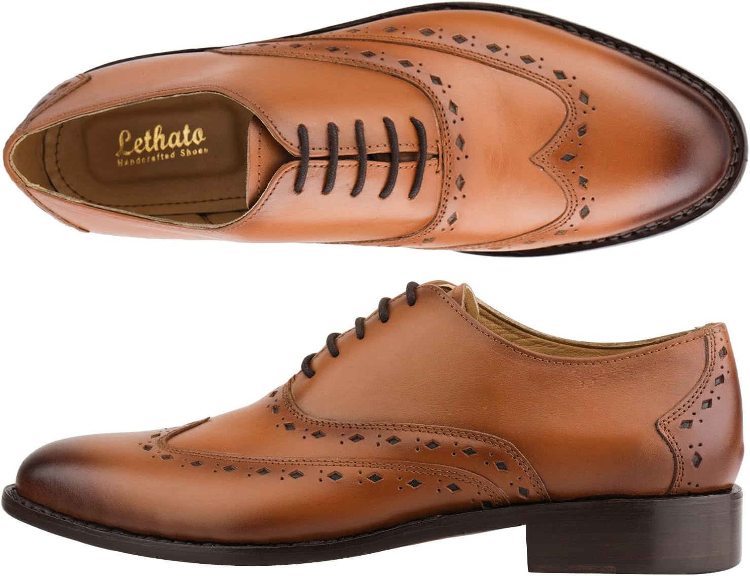 Классические кожаные туфли ручной работы Lethato Captoe Oxford Goodyear Welted Formal, Tan Wingtip — фото 4