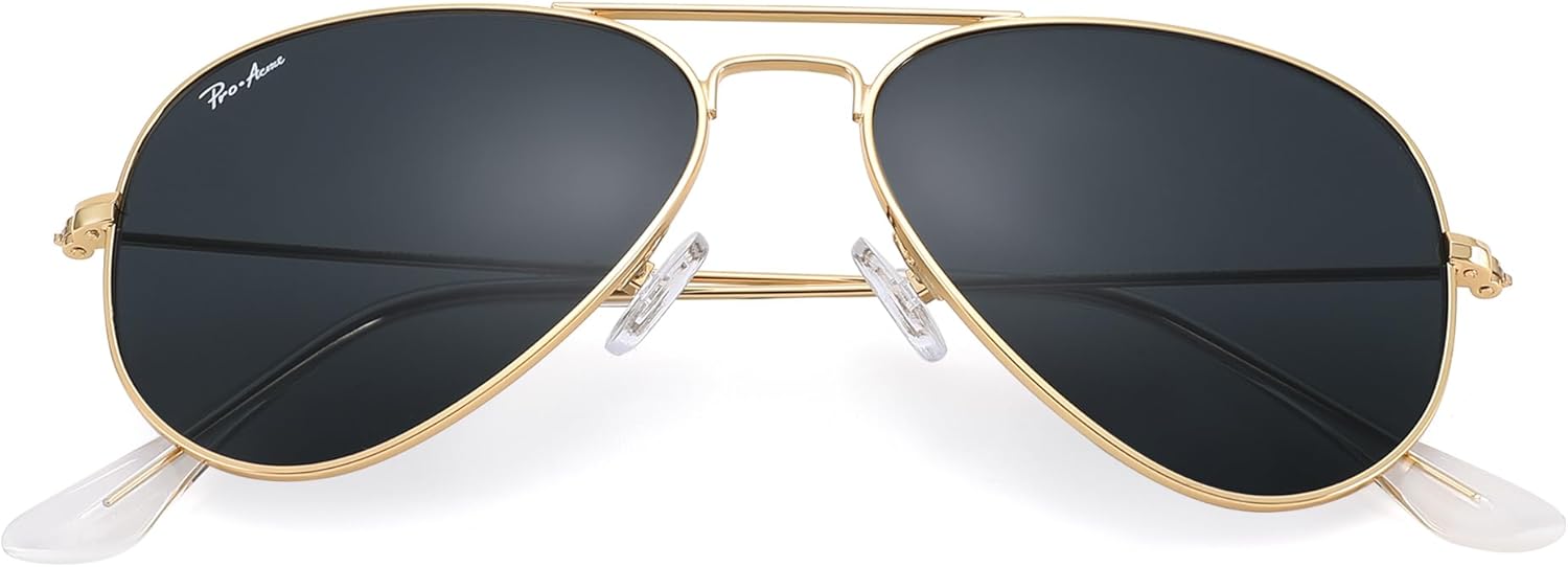 

Солнцезащитные очки Pro Acme Small Aviator с линзами из стекла, классической металлической оправой и защитой от УФ-излучения UV400, подходят для мужчин и женщин с небольшим лицом, диаметр линз 52 мм, A Gold/Grey