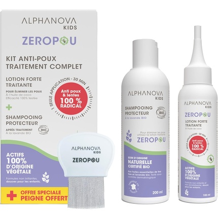 

Набор Zeropou Anti-Lice Kit: лосьон сильного действия (100 мл), защитный шампунь (200 мл), расческа Alphanova
