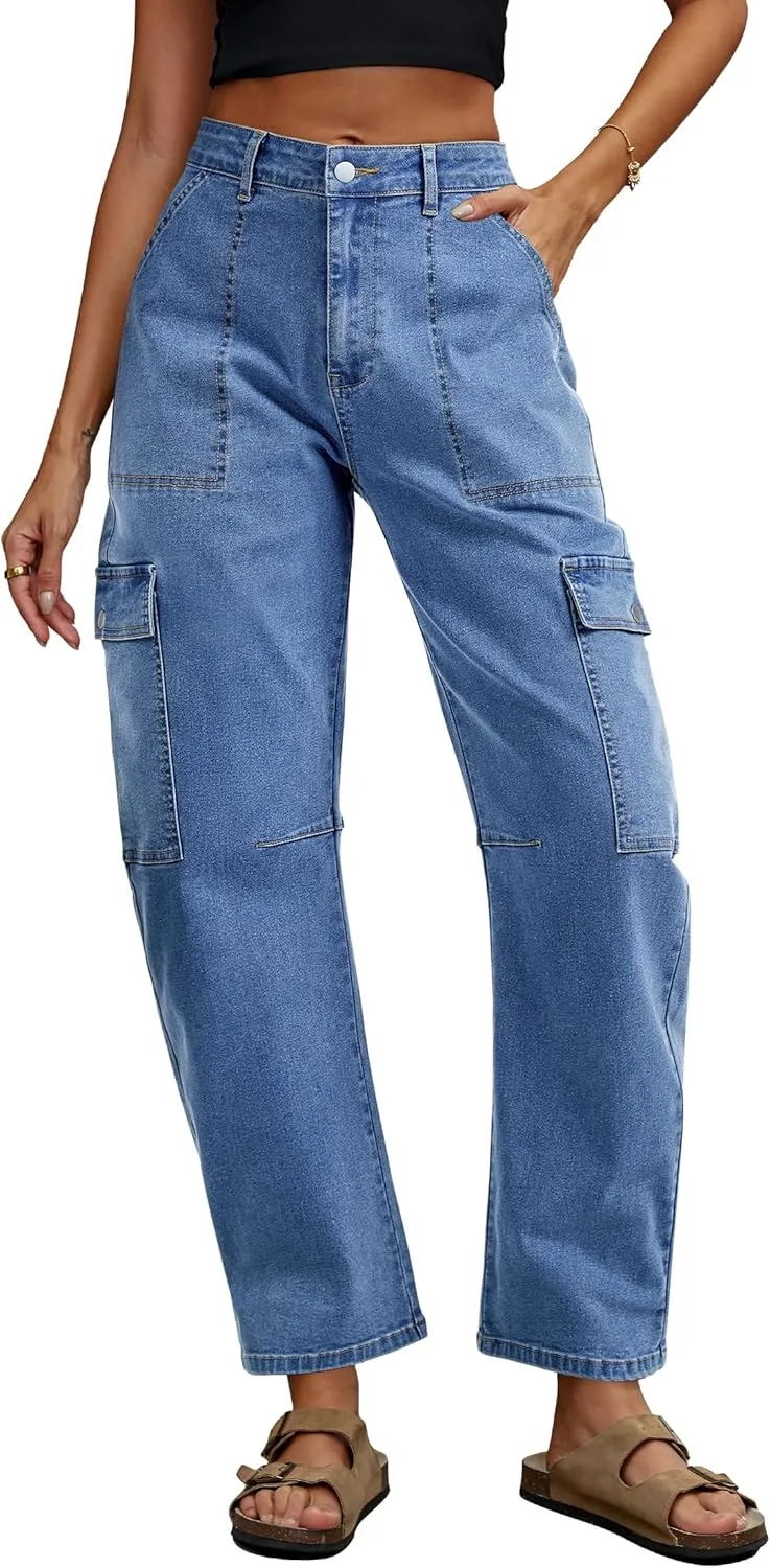 

Eddoyee Barrel Jeans Women Cargo Ankle Pants Casual Wide Leg Baggy Denim Pants High Waist Trousers Stretchy with 6 Pockets