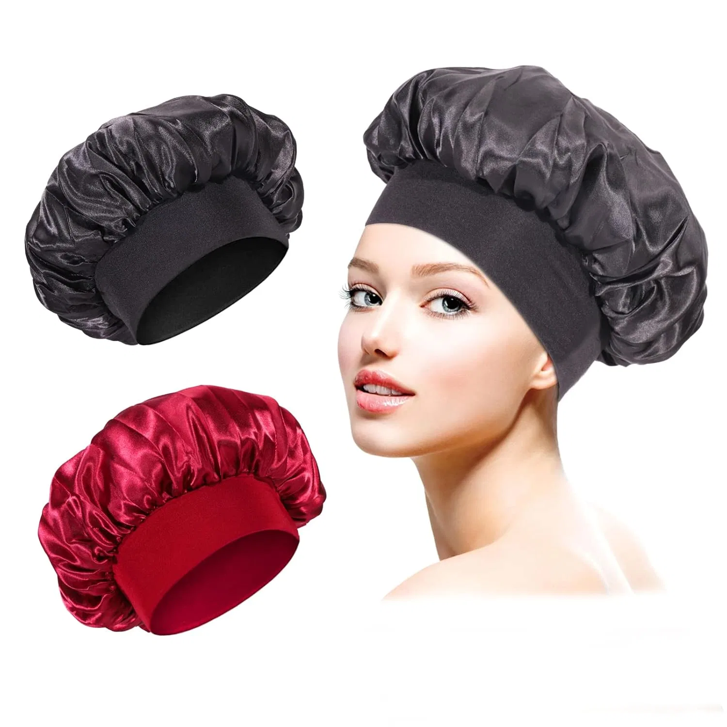 Набор из 2 атласных шапочек для сна с эластичной лентой Kieswan, Black, Red