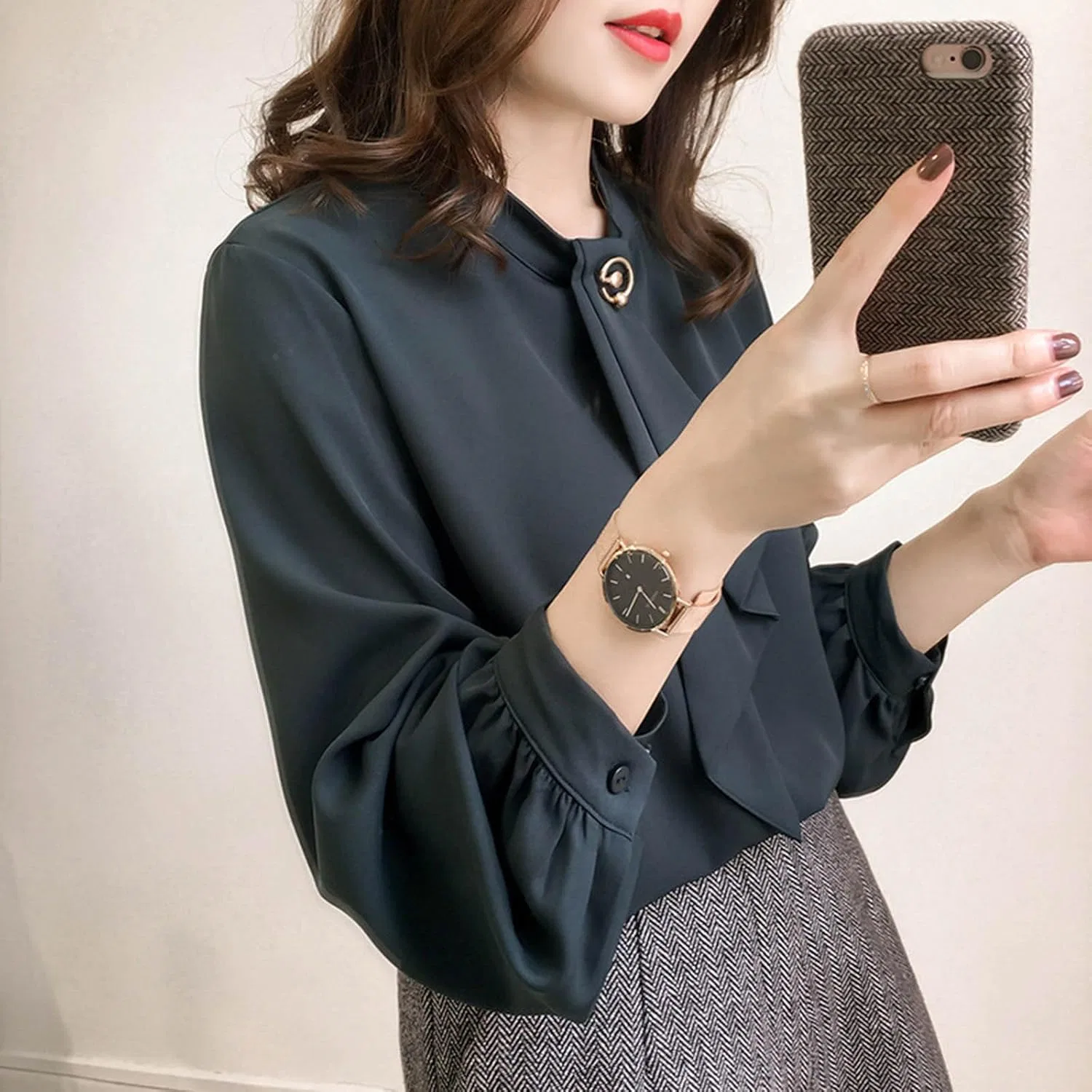 Блуза женская длинный рукав Lantern Sleeve, зеленый — фото 4