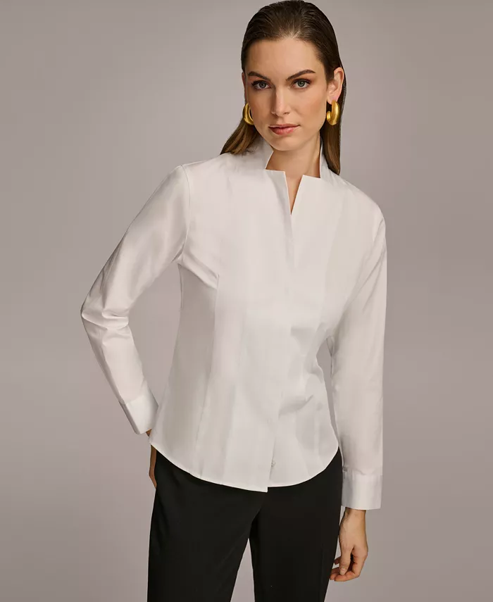 

Женская хлопковая рубашка на пуговицах с воротником стойкой Donna Karan New York, белый