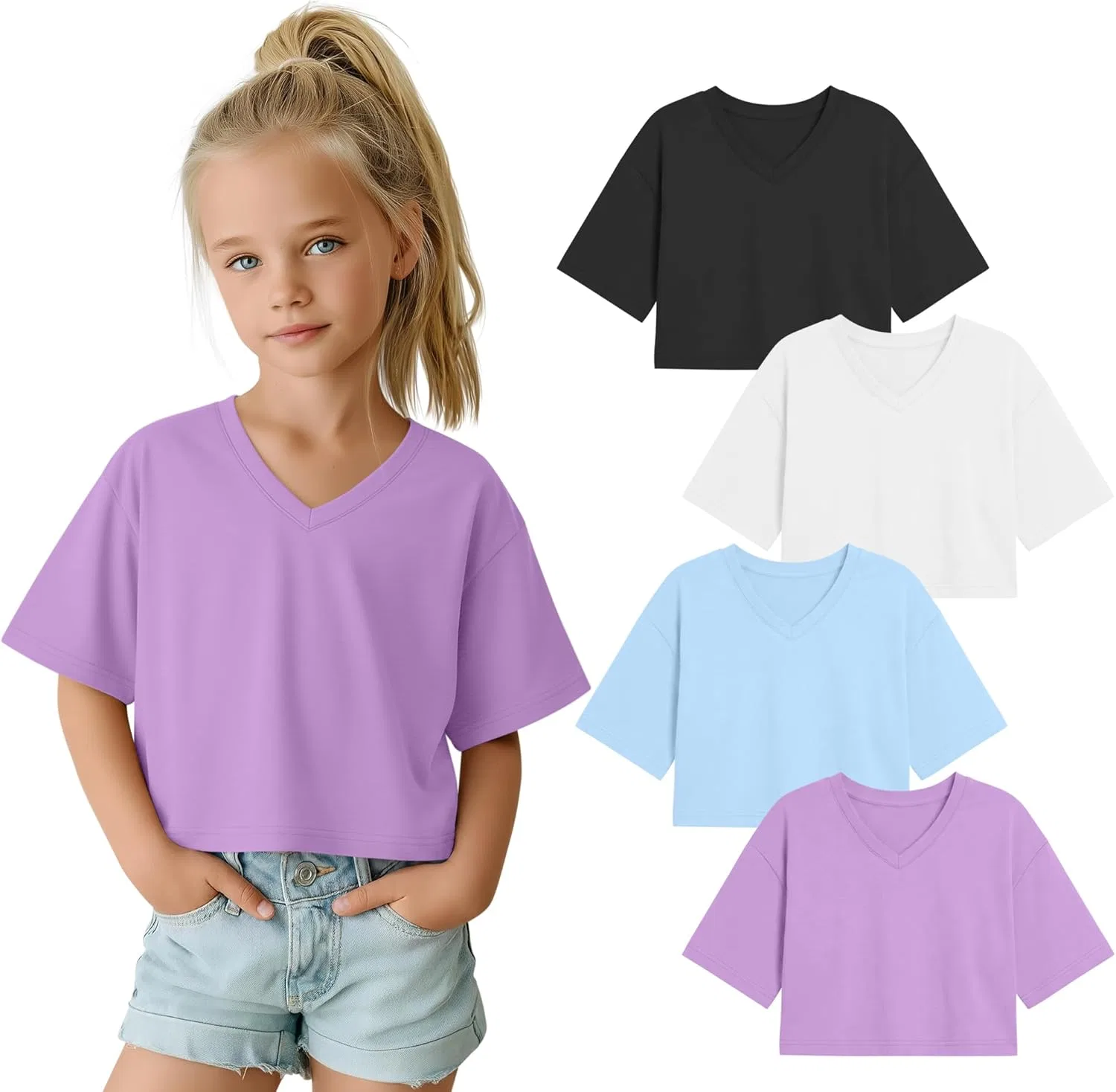 Детские топы-кропы с V-образным вырезом LessonZoo, 4 шт, Black, White, Light Blue, Taro Purple, 5-6 Years