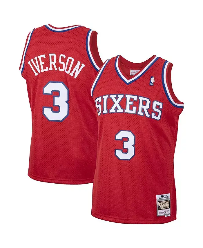 

Мужская баскетбольная майка Philadelphia 76ers Allen Iverson в красном цвете из коллекции Hardwood Classics 2001/02, модель Swingman Mitchell & Ness
