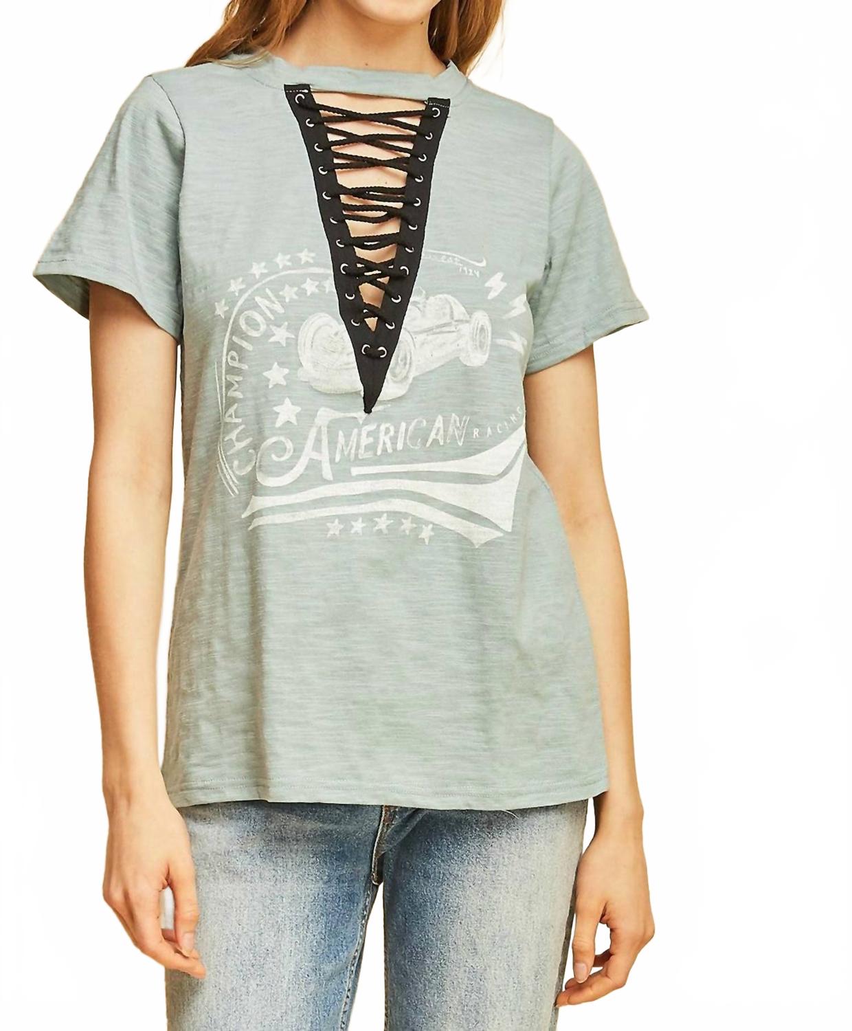 

Графическая футболка с кружевной шнуровкой в синем цвете Entro