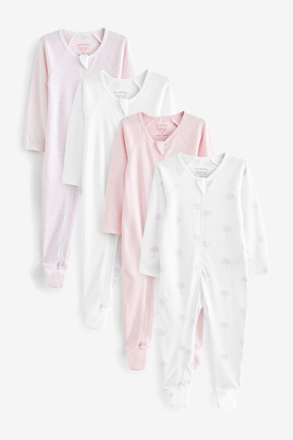

Комплект из 4 комбинезонов на молнии Purebaby, розовый