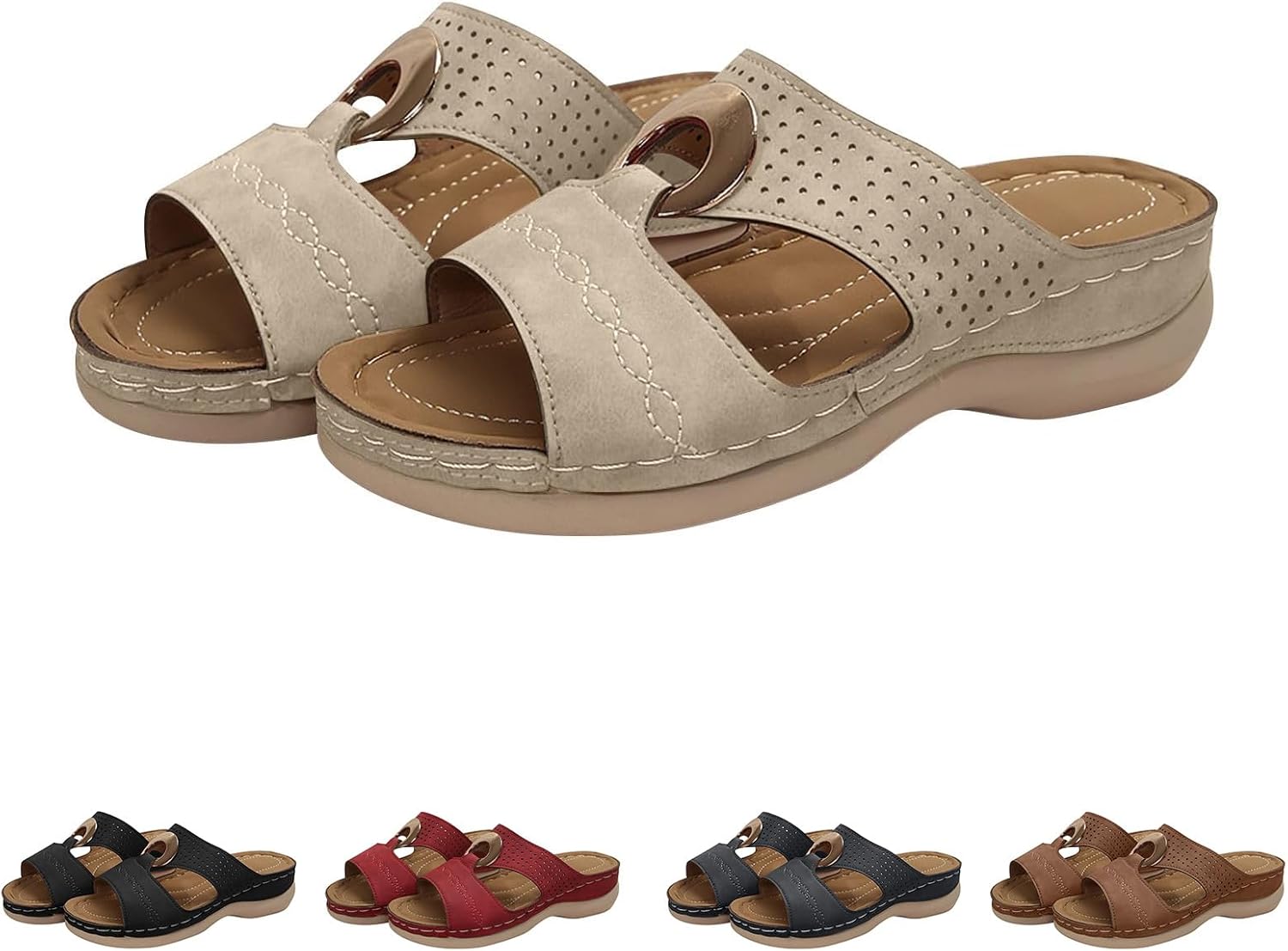 

Ортопедические женские тапочки для дома и улицы с открытым носком, нескользящие, летние винтажные повседневные сандалии с открытым мысом, платформенные удобные сандалии, широкая посадка, с вырезами, дышащие пляжные шлепанцы Generic, бежевый