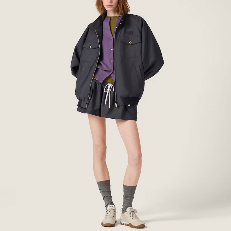 MIU MIU Вышитая логотипом ребристая вязаная куртка, Gray — фото 2