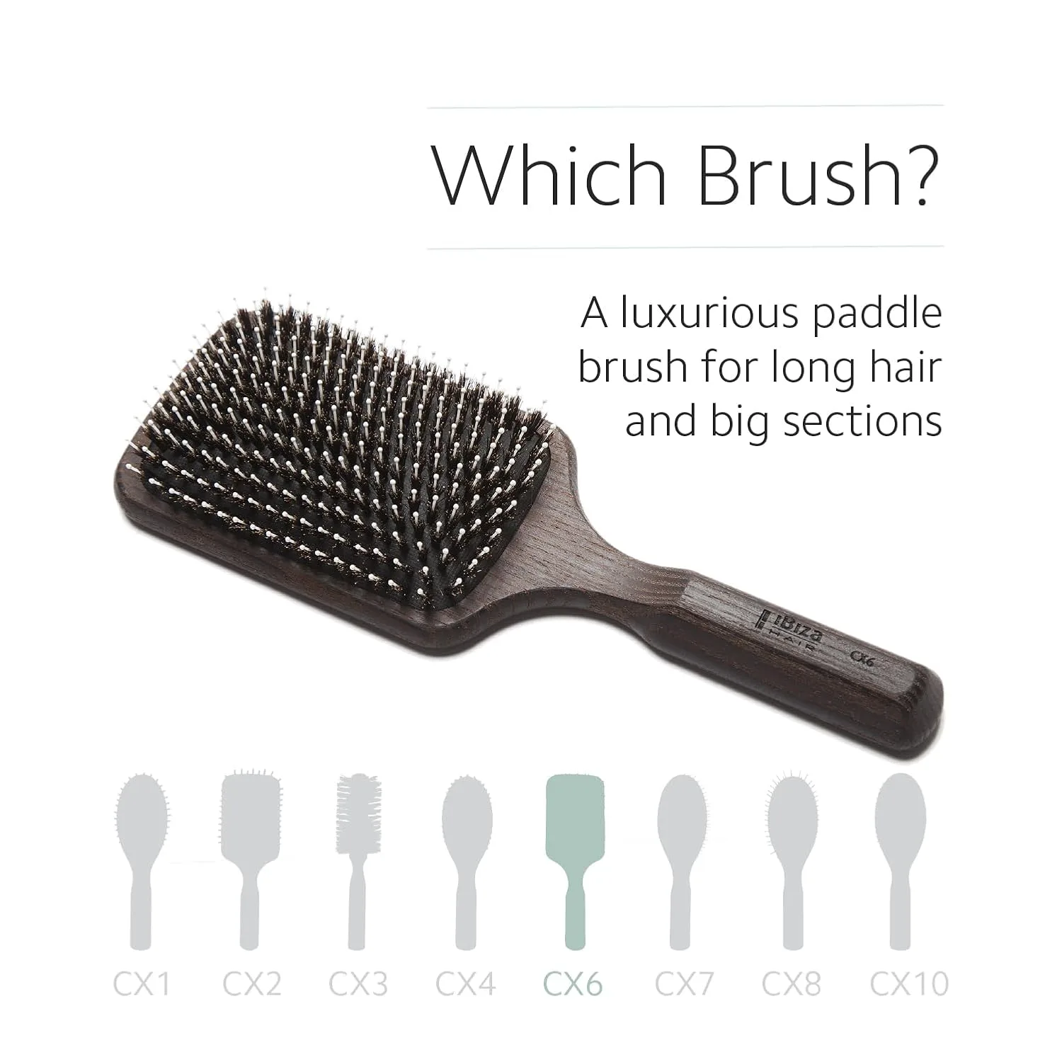 Профессиональные щетки для волос Ibiza Hair Professional CX Series: круглые, лопатообразные и овальные. CX6 - Паддл-щетка, щетина кабана, с шариками на концах — фото 4