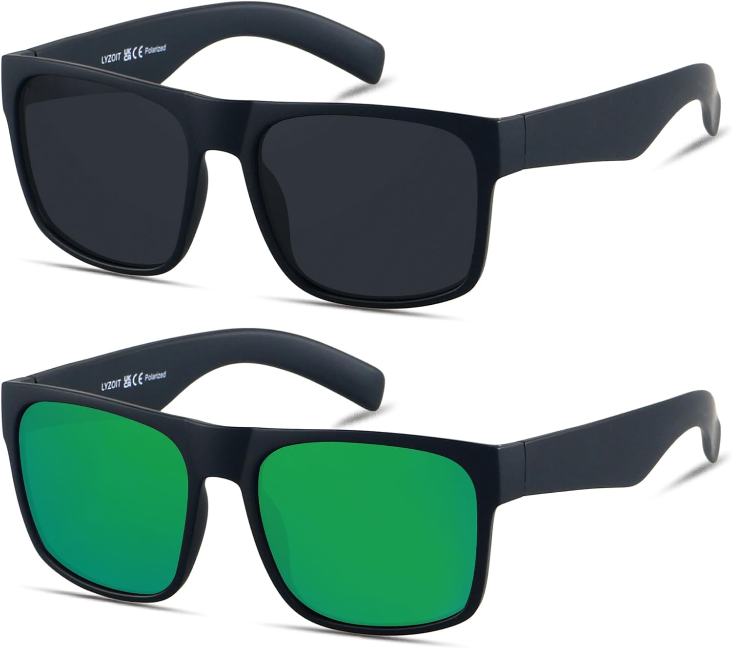 

Солнцезащитные очки LYZOIT Extra Large для мужчин с большой широкой головой, поляризованные, увеличенного квадратного размера, (2pack Polarized) Matte Black + Mirror Green