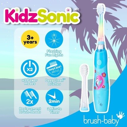 Электрическая зубная щетка для малышей и детей Brush Baby Kidzsonic для детей от 3 лет — диско-подсветка, нежная вибрация и умный таймер — Flamingo, Brush-Baby — фото 2