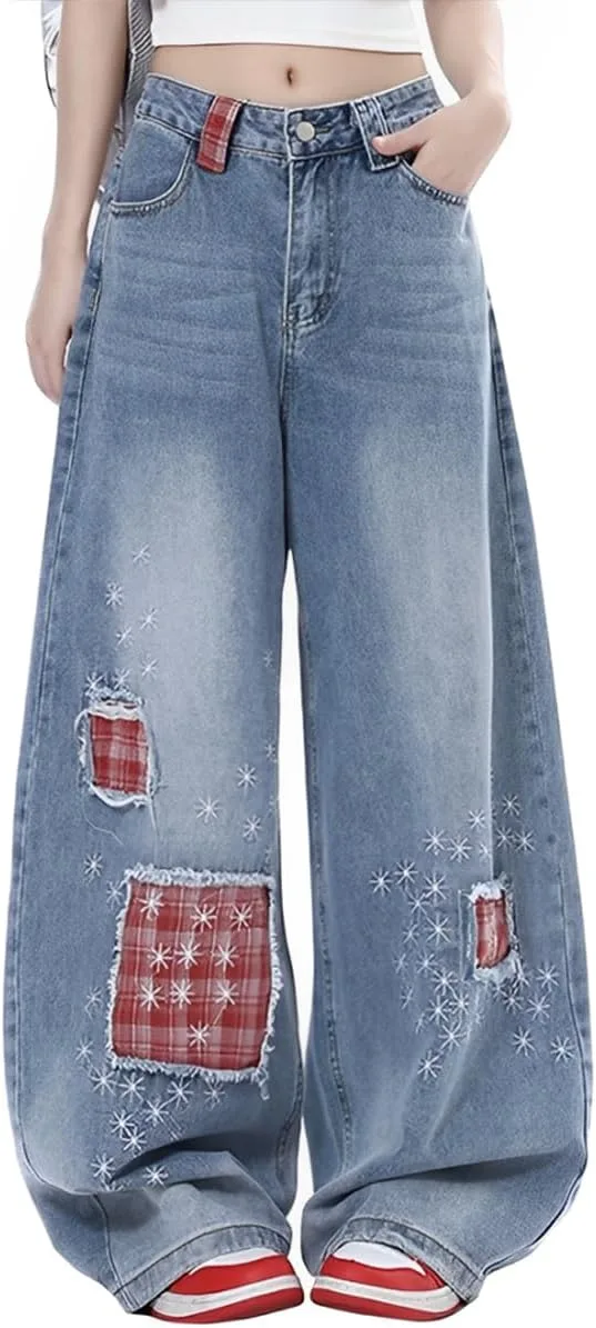 

Женские джинсы с высокой талией и прямыми штанинами Y2K, с бахромой и вышивкой kakarin choyx