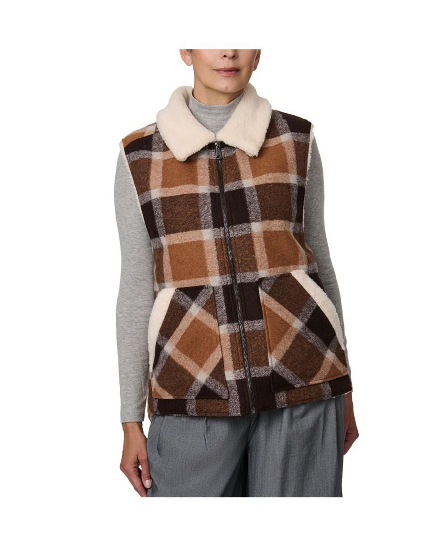 

Жилет из комбинированной ткани в клетку и шерпа Bernardo, Brown/beige