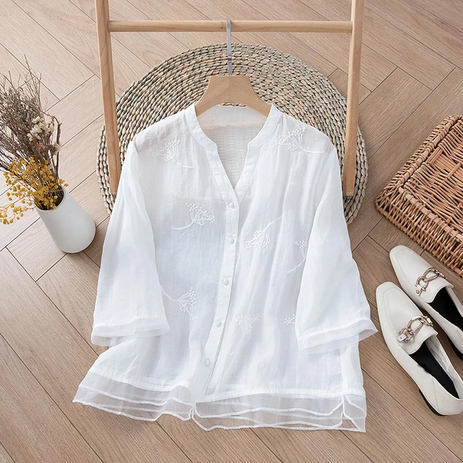 Блуза, льняная, Cotton Linen T-Shirt, белый — фото 3