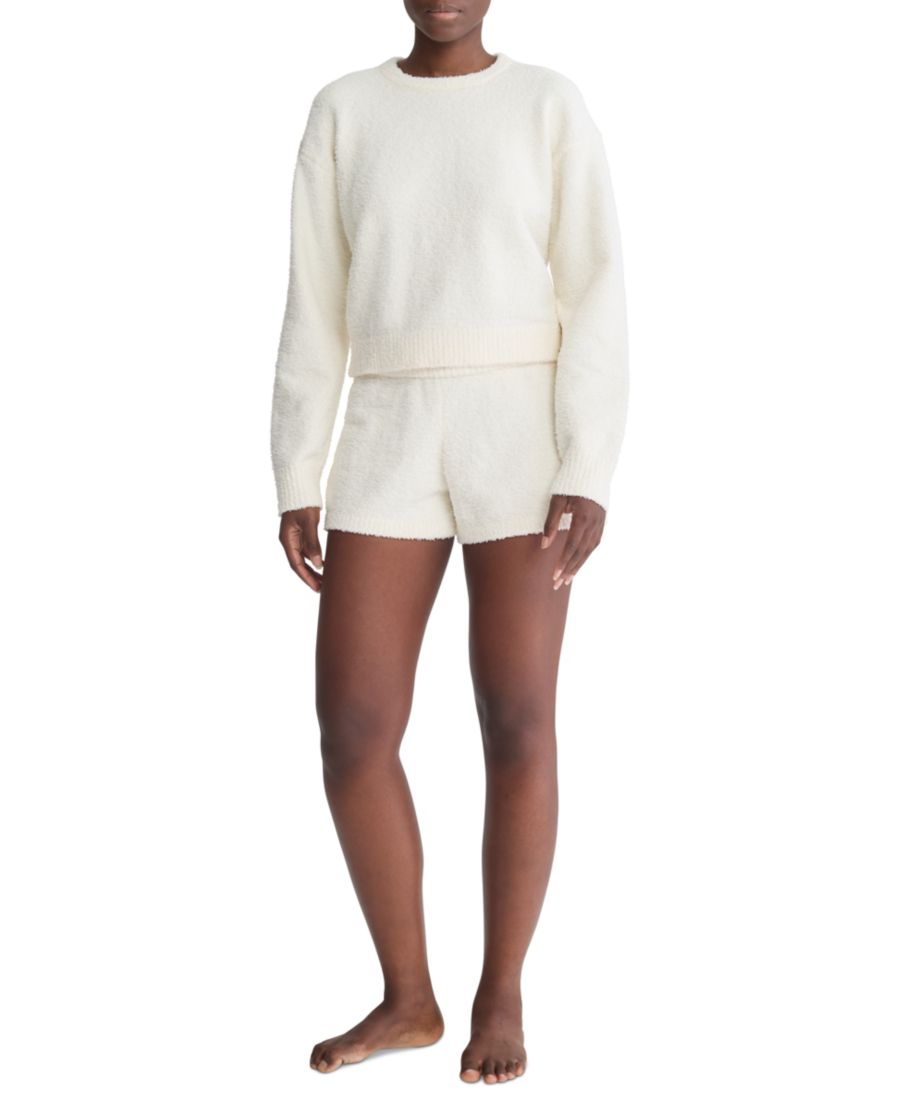 Женская укороченная плюшевая домашняя толстовка - QS7341 Calvin Klein, Ivory — фото 2