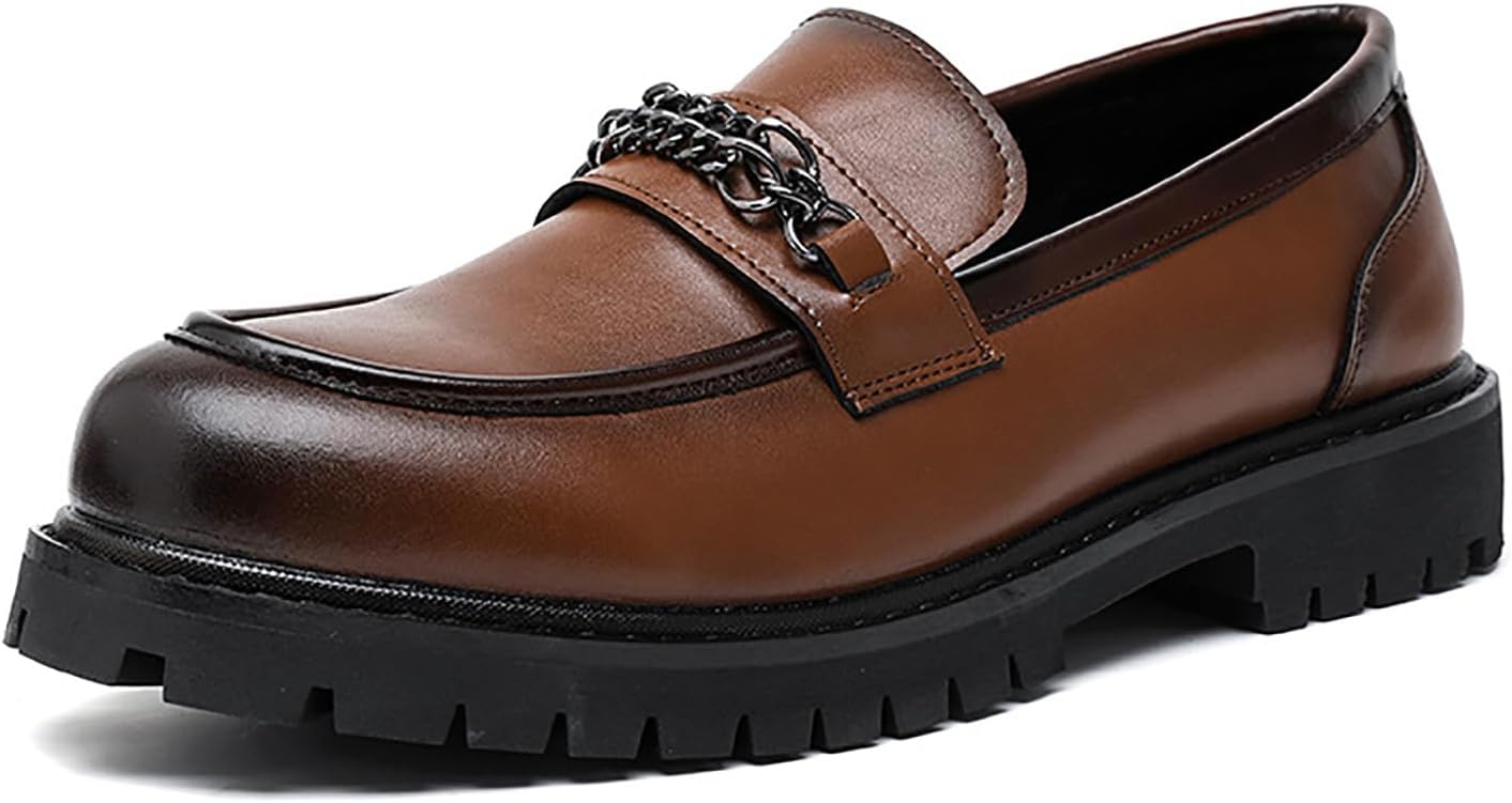 

Мужские кожаные лоферы с толстой подошвой и металлической цепочкой, удобные, с круглым носком, без шнурков, на платформе, классические лоферы, повседневные, для бизнеса, прогулок на улице, работы в офисе, нарядные туфли для мужчин Generic, корич...