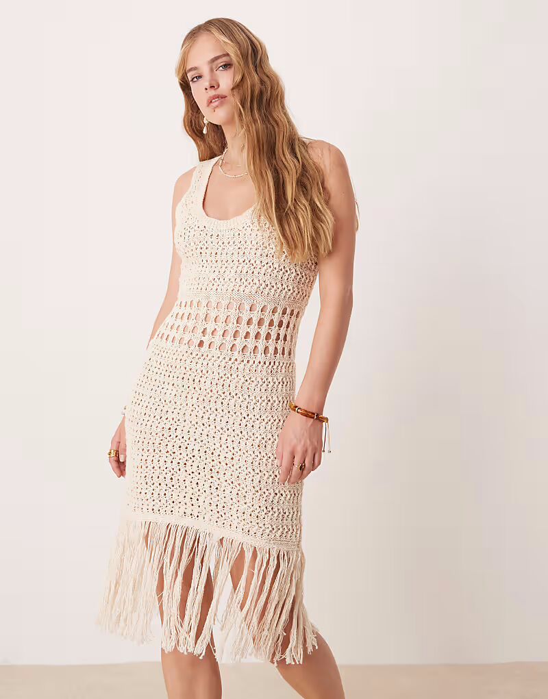 

Мини-платье ASOS DESIGN, связанное крючком, с бахромой, каменного цвета - STONE