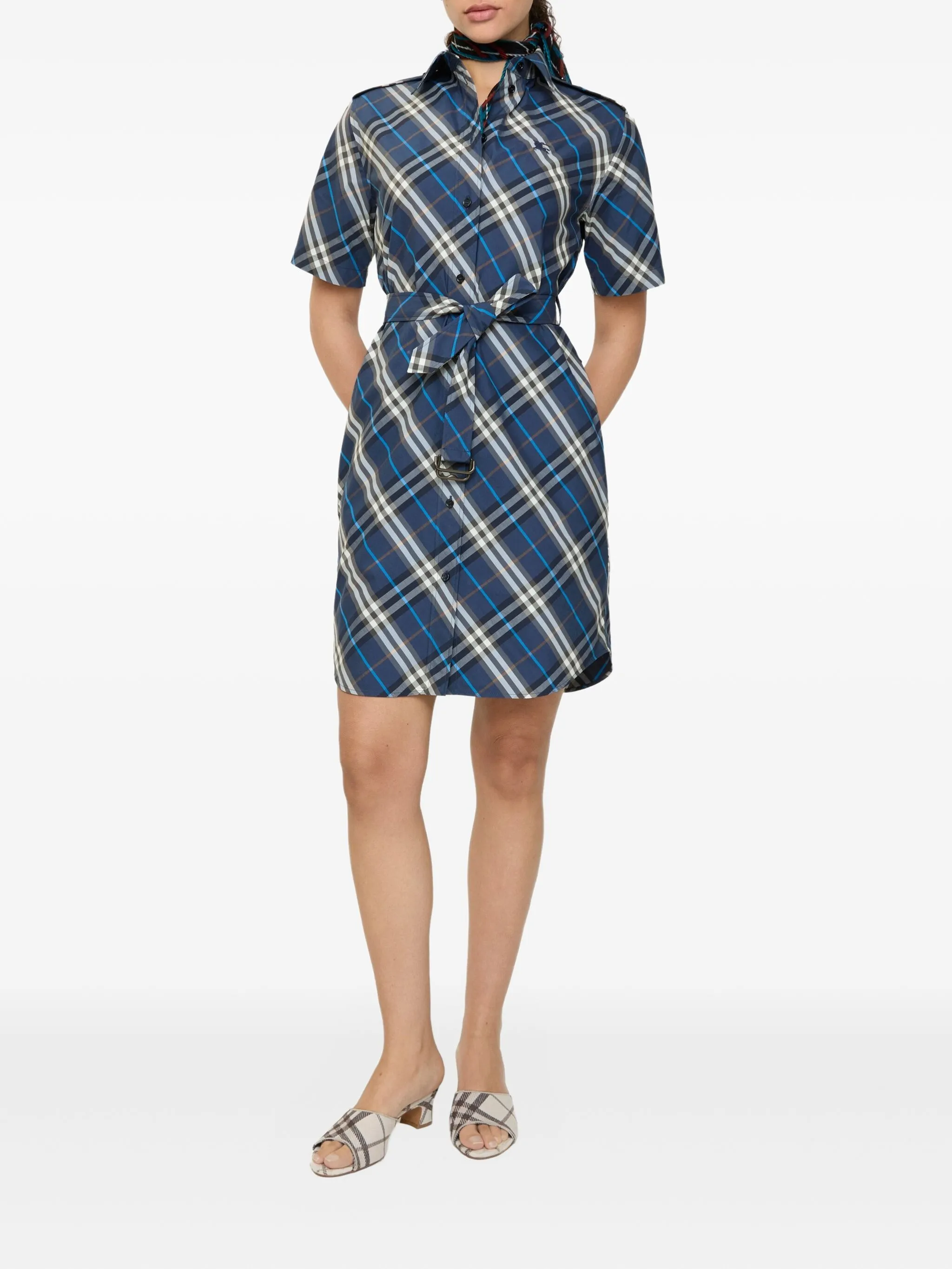 Платье-рубашка Burberry в клетку, мини, синий — фото 2