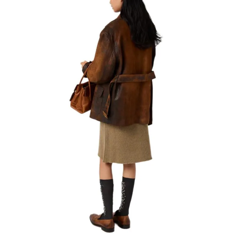 MIU MIU Кожаная куртка женская Light Brown Lapel Moderate — фото 3