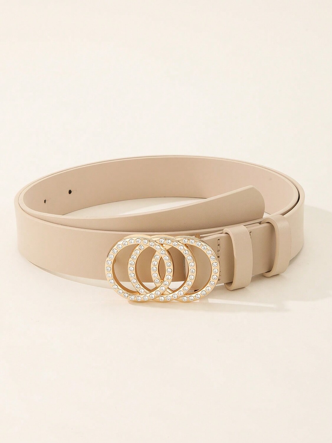 

Ремень с круглой пряжкой и декором из страз, бежевый