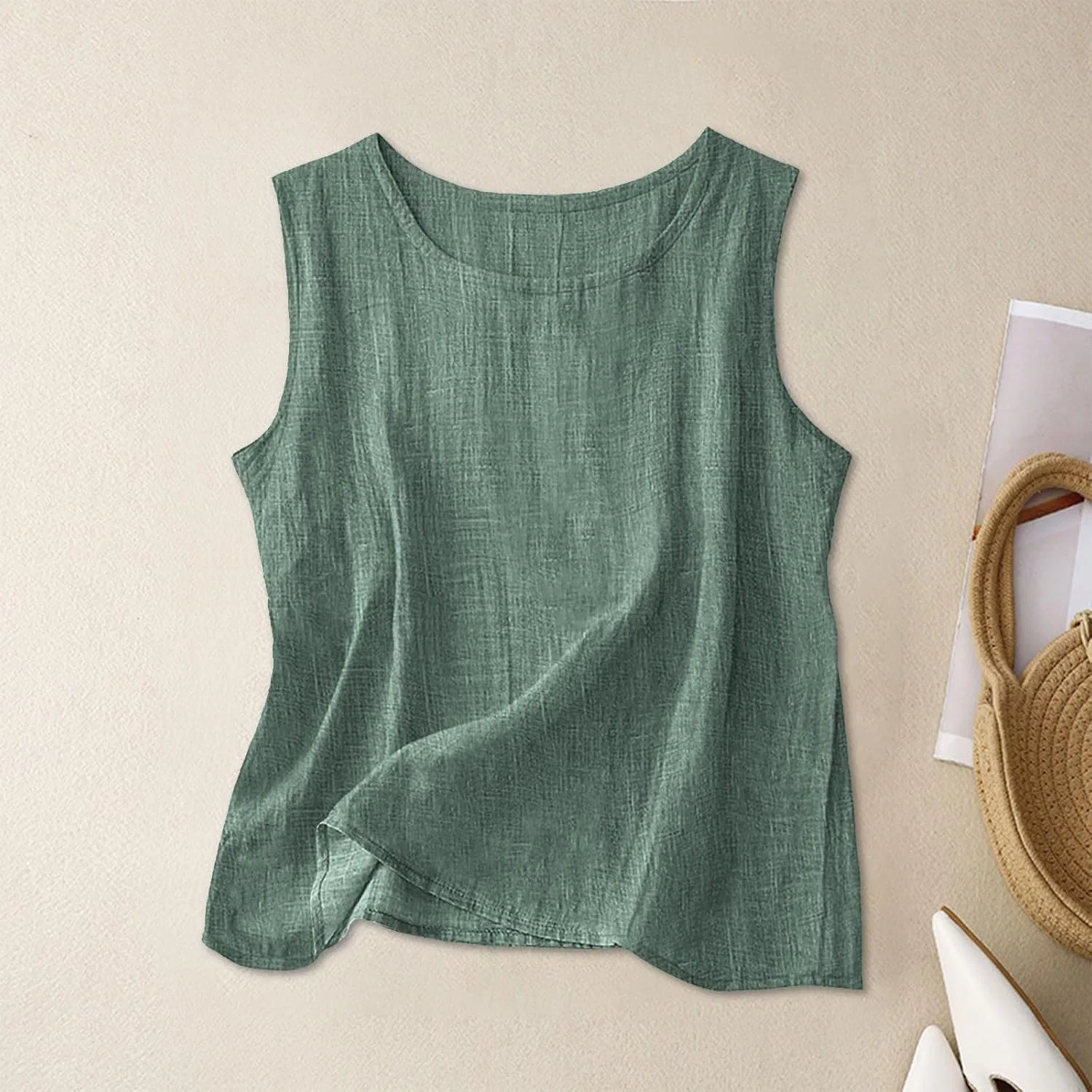 Женский топ-майка из льна и хлопка, без рукавов, круглый вырез, Desert Green — фото 3