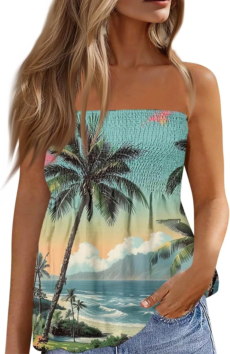 

Топ-трубка для женщин без бретелей с присборенным рюшами и цветочным принтом