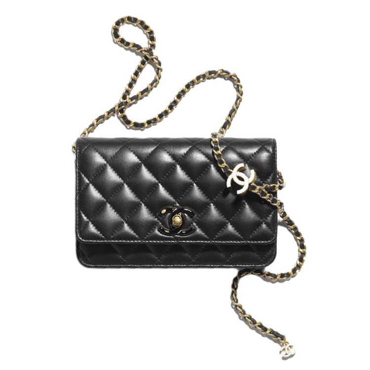 

CHANEL Сумка через плечо из блестящей овчины, мини-кошелек, женская, черная